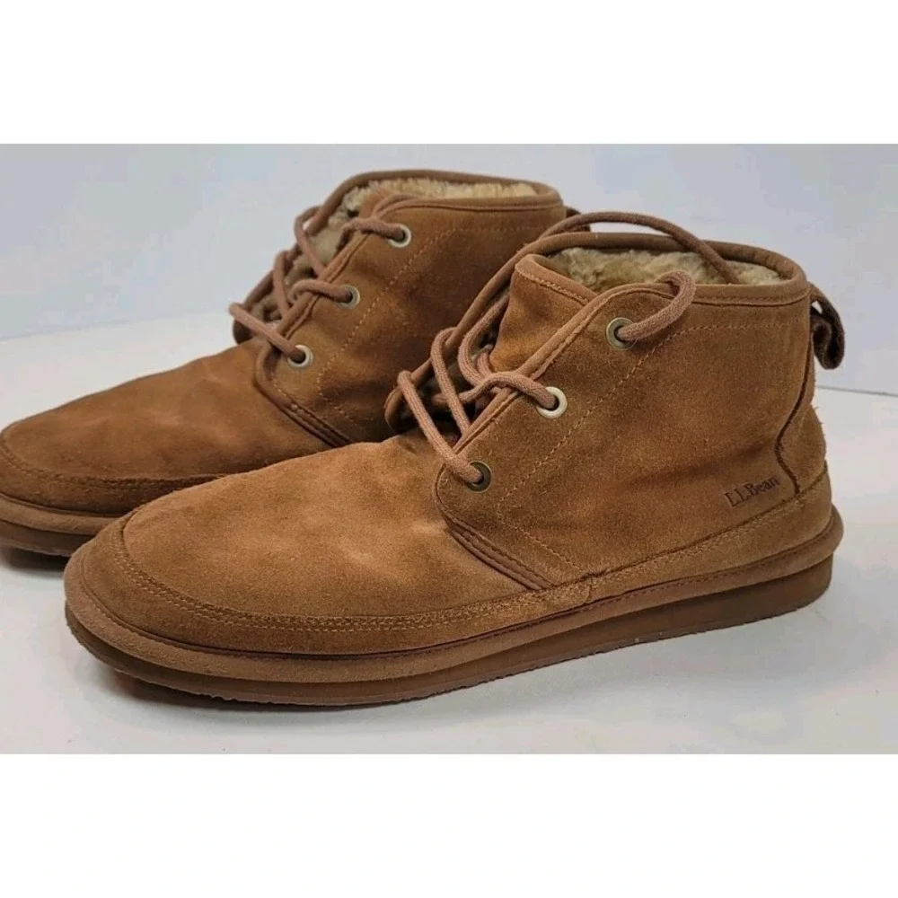 LL Bean Men's Wicked Good Boots Three Eye Shearling Suede Brown Sz 11